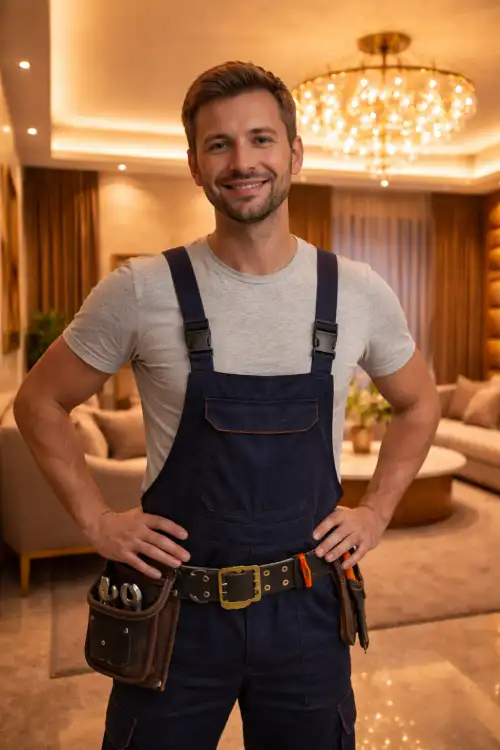 Мастер по натяжным потолкам Дмитрий на объекте в Ганцевичах